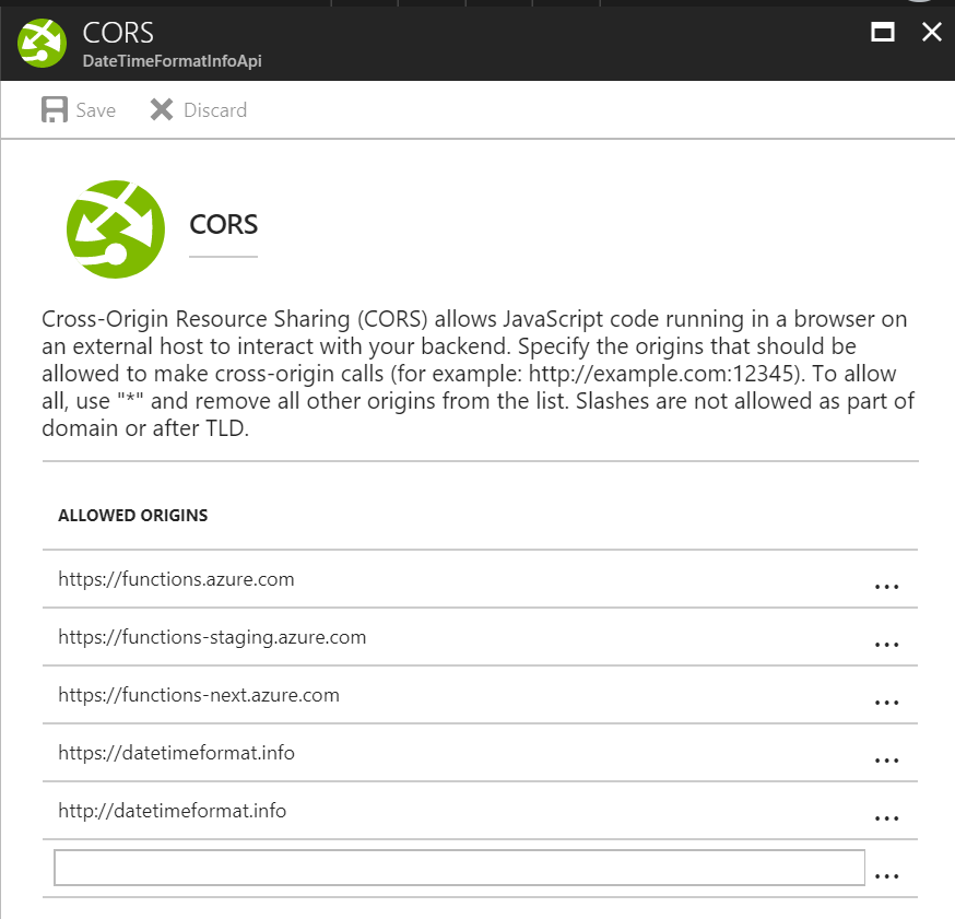 CORS configuration for Azure Functions App