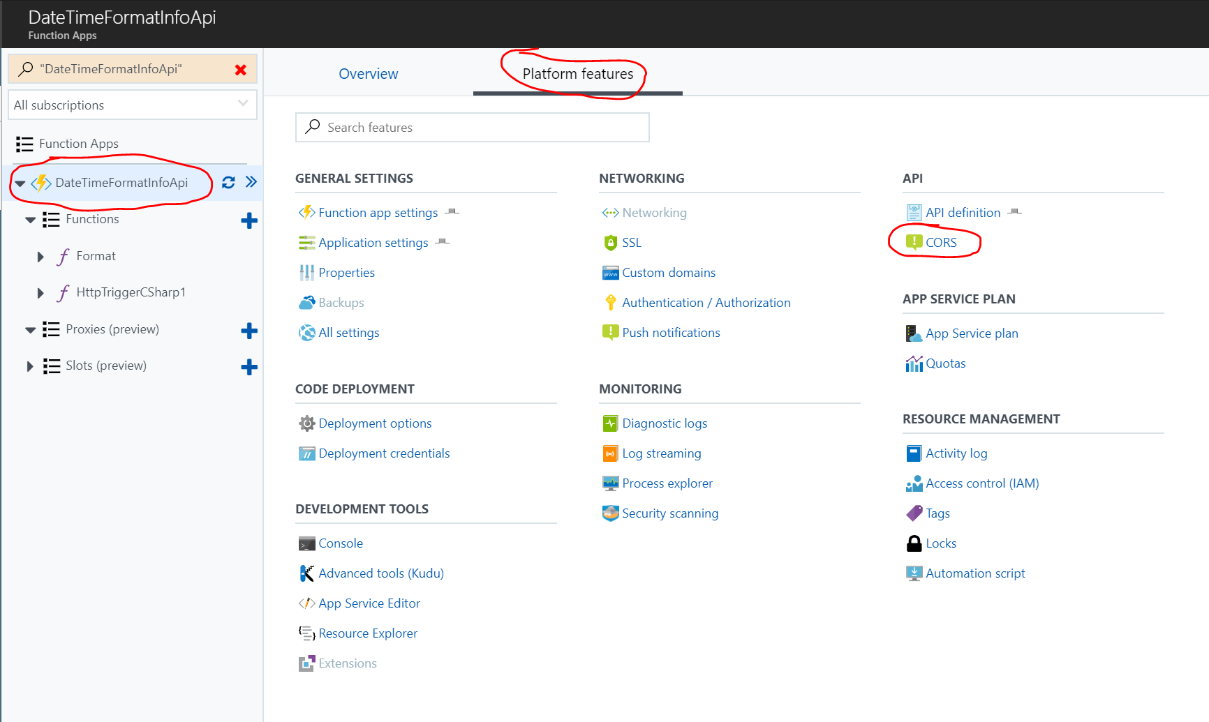 Platform Features tab for Azure Functions App