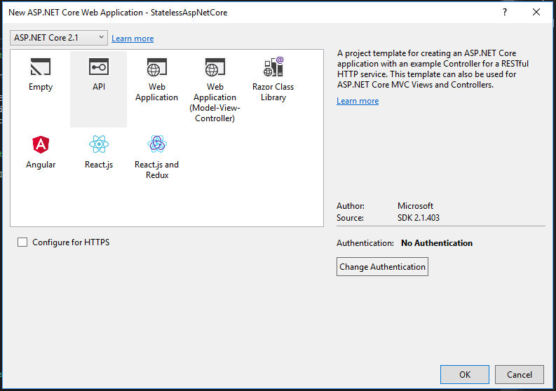 New Stateless ASP.NET Core service - screen 2